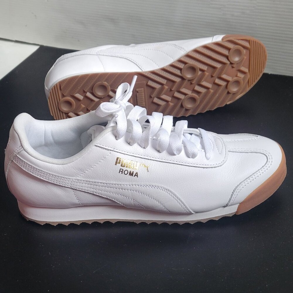 NEW Puma Roma Classic Gum LEATHER Sneaker White Team Gold Gum Shoes 366408-01 10
